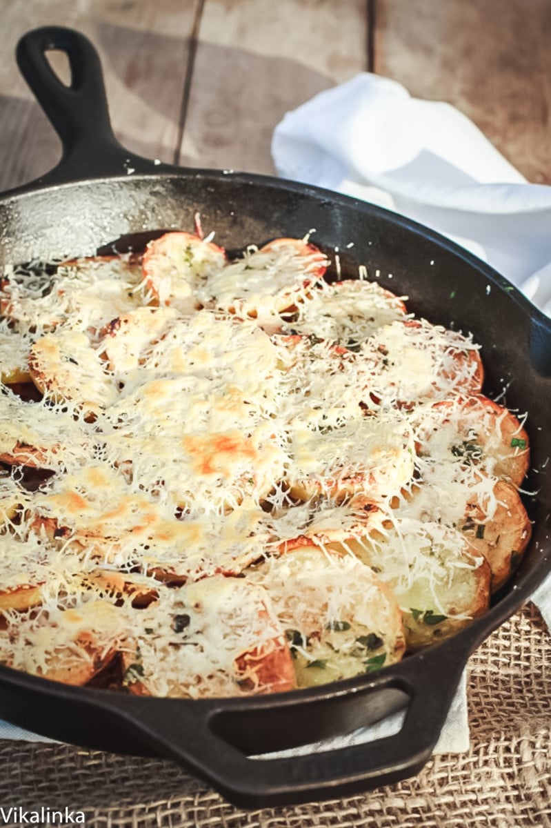 Baked Potatoes layered with caramelized onions, mushrooms and sour cream topped with Pecorino cheese.