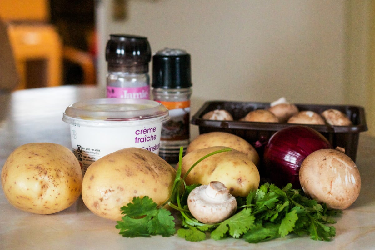 Process shots of potatoes, mushrooms, herbs and spices