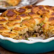 Side shot of pheasant pie in blue dish