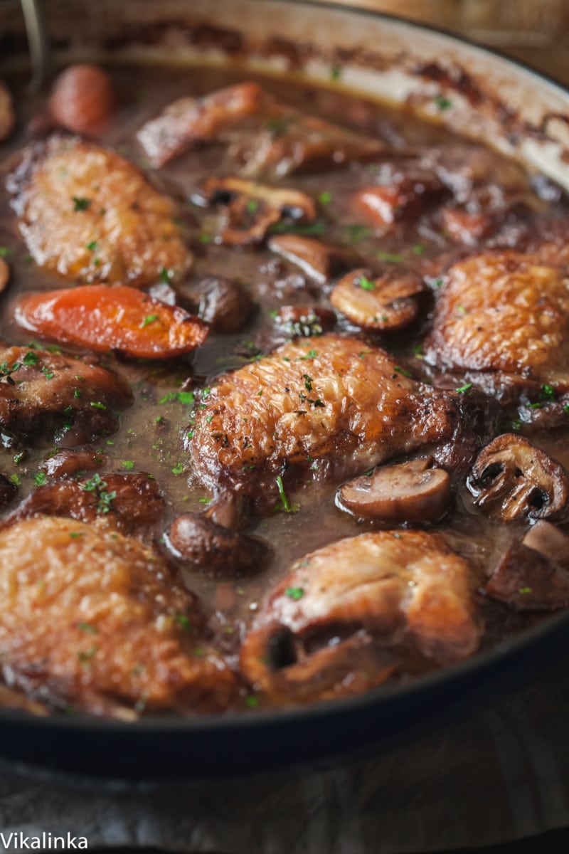 side shot of chicken coq au vin