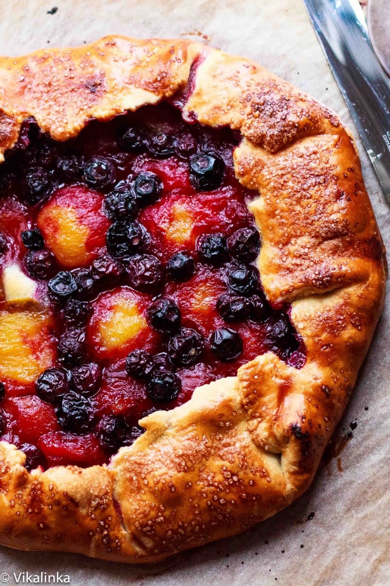 Top down of finished plum and blueberry galette