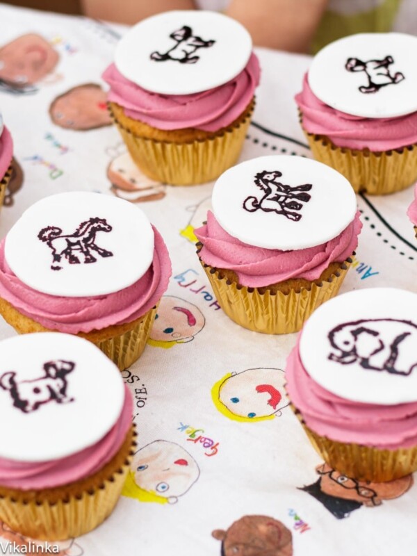 Top down view of pink icing cupcakes with animal designs