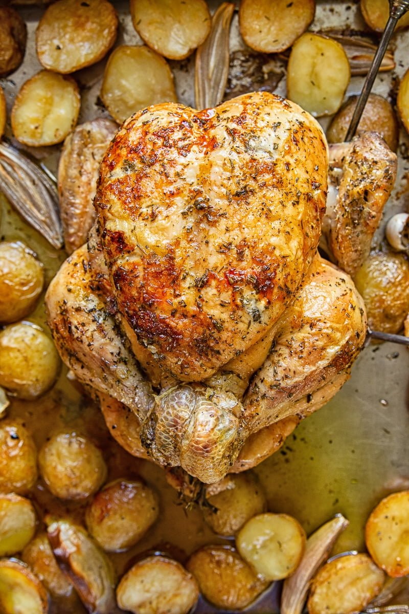 top down of roast chicken and potatoes