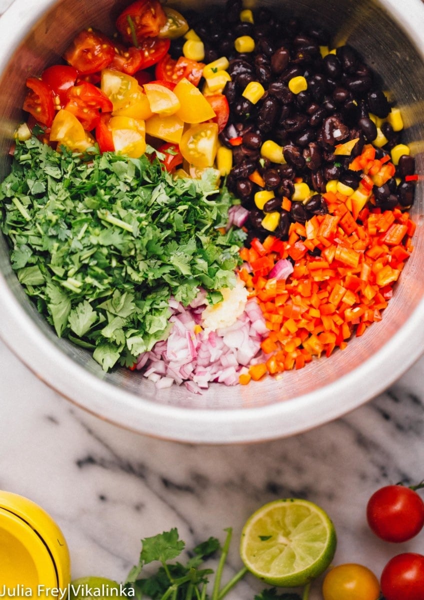 Black Bean and Corn Salsa Ingredients in metal bowl