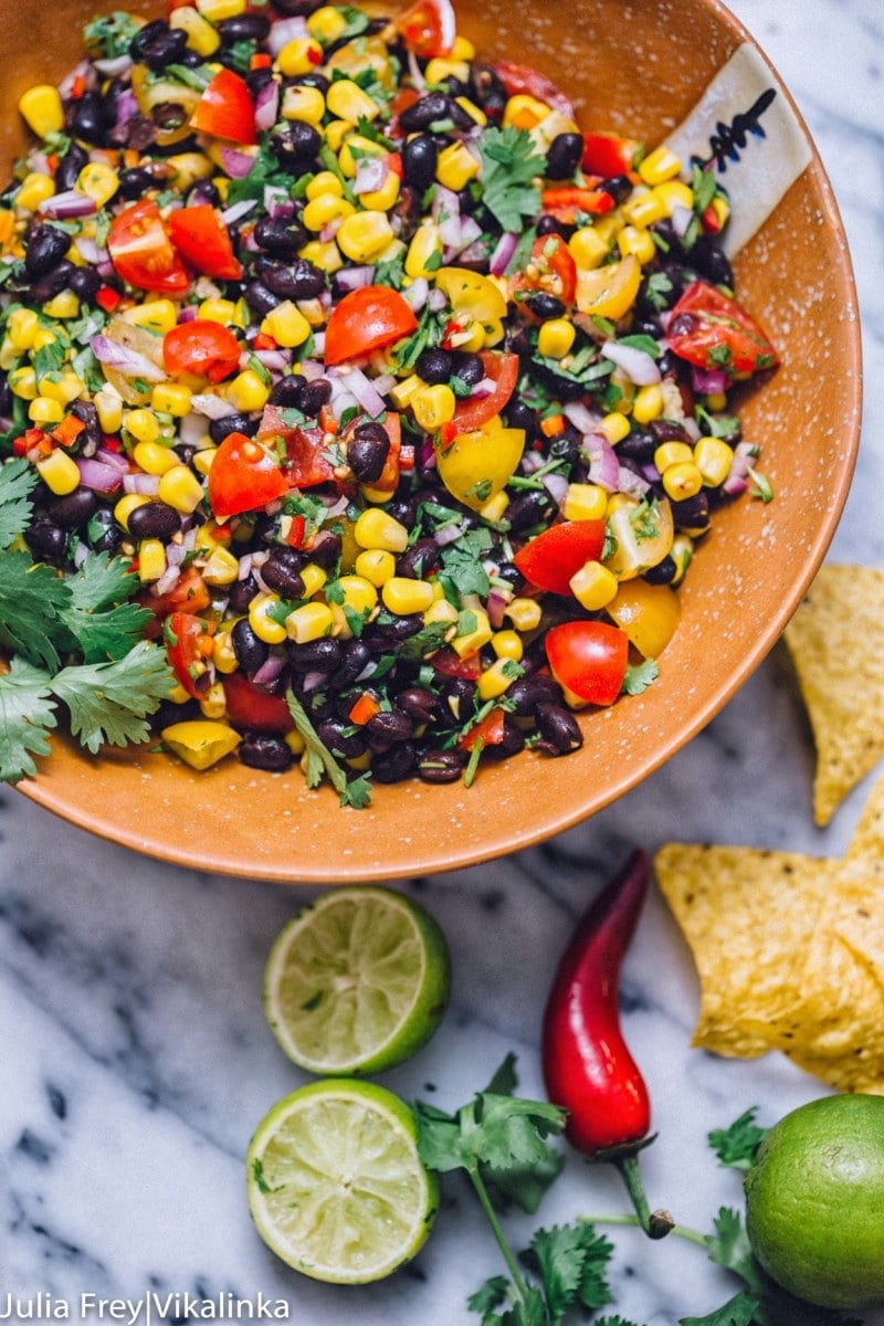 Black Bean, Corn and Tomato Salsa in Brown Bowl