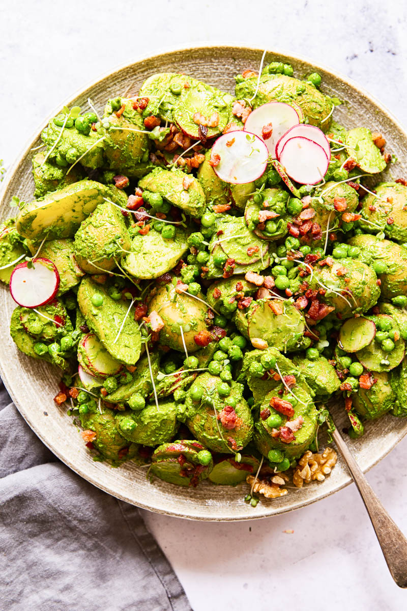 pesto potato salad on platter