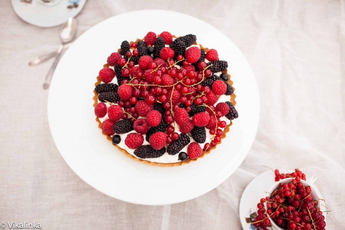 Top down shot of tart on white platter