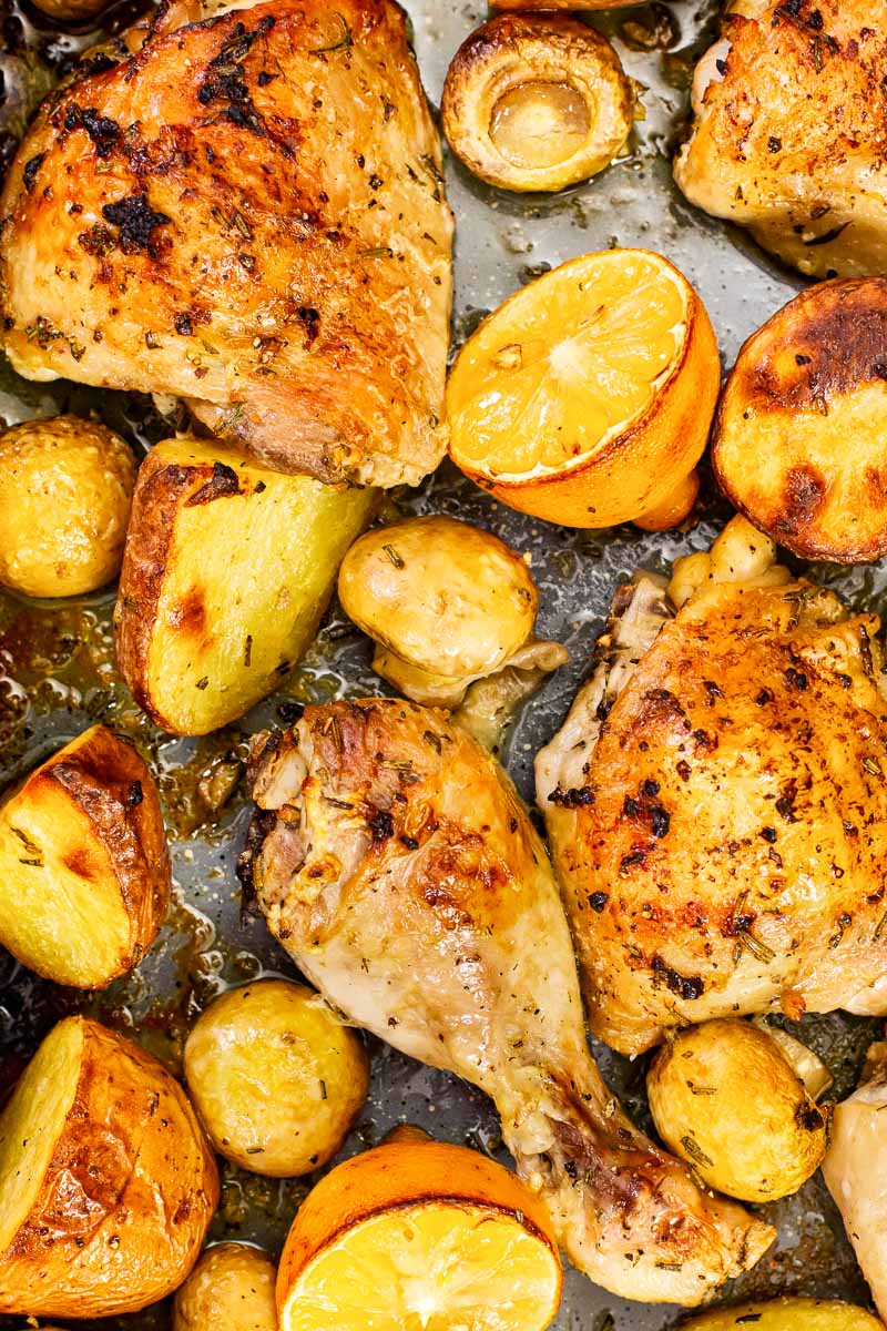 roasted chicken and potatoes with mushrooms