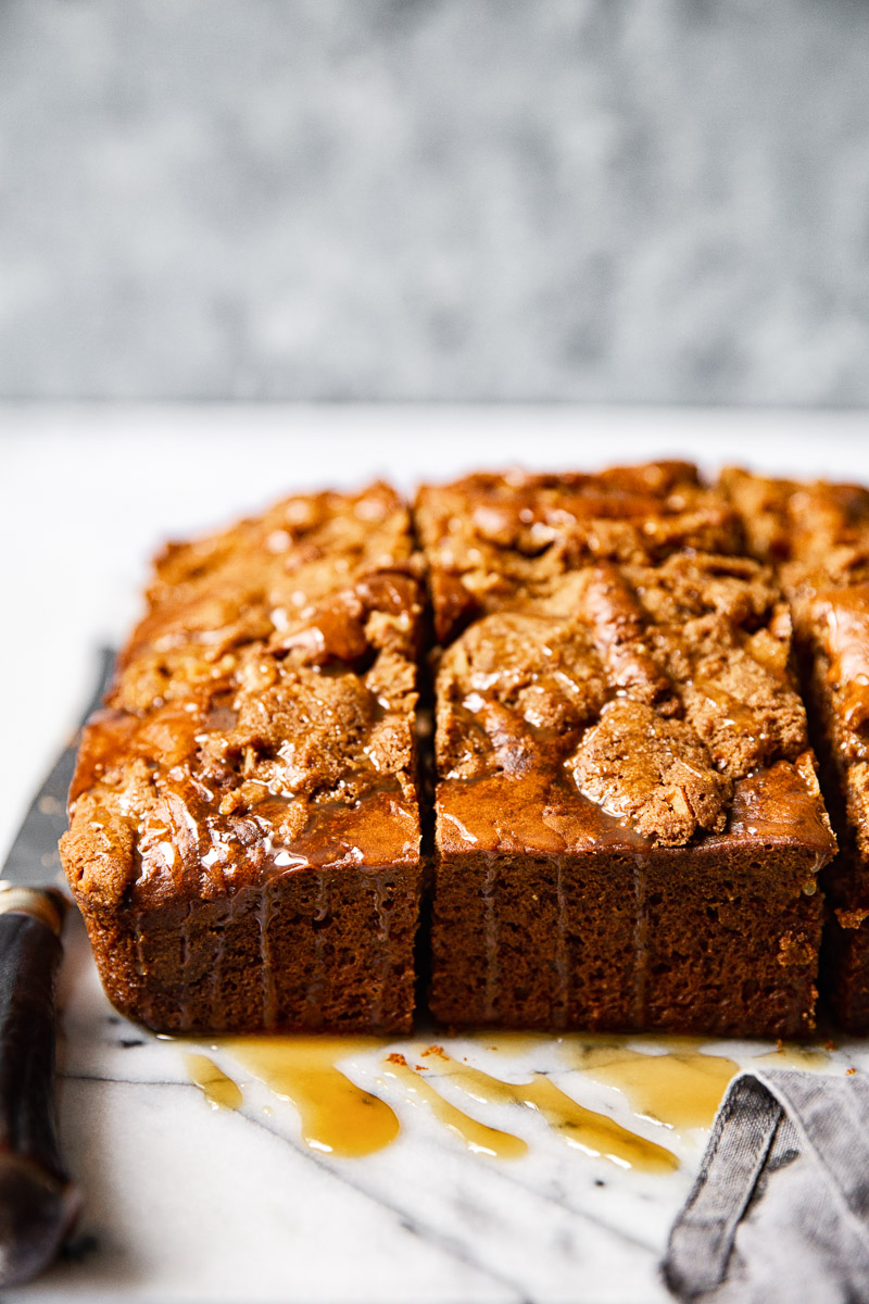 Side view of apple spice cake slices 