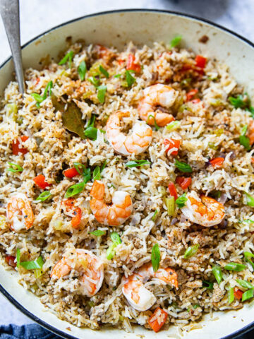 Top down of pan of Cajun Dirty Rice with Shrimp