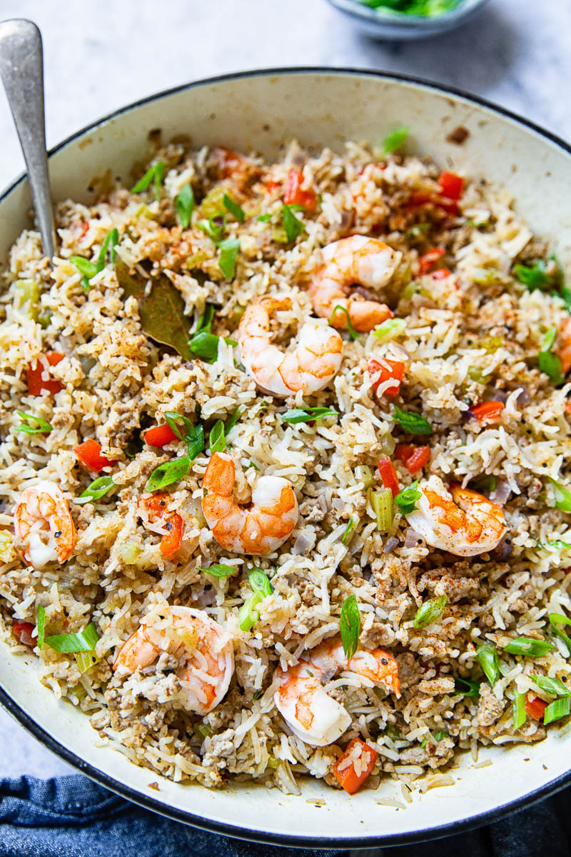 Top down of pan of Cajun Dirty Rice with Shrimp