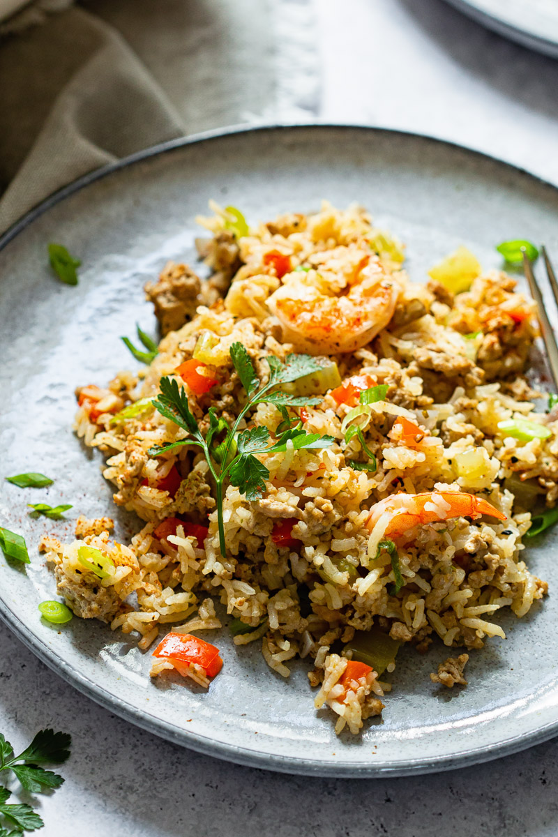 Cajun Dirty Rice with Shrimp on a plate