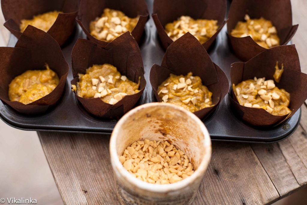 Toffee pieces in a jar with baking in the background