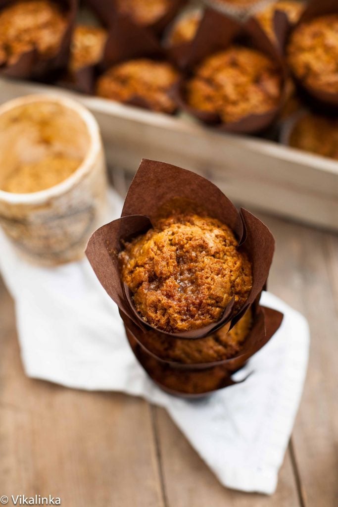 Stack of three muffins with more in the background