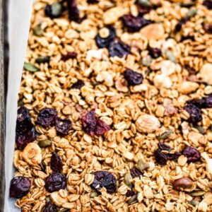 close up of black forest granola in pan