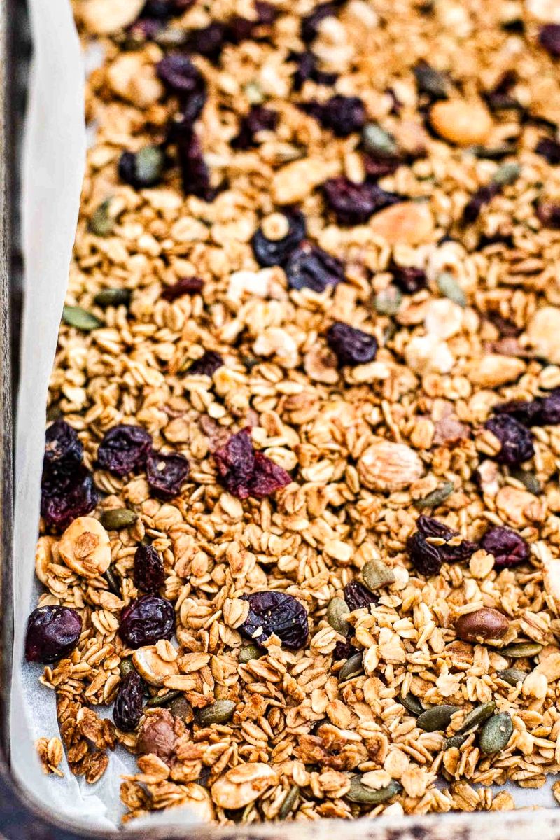 close up of black forest granola in pan