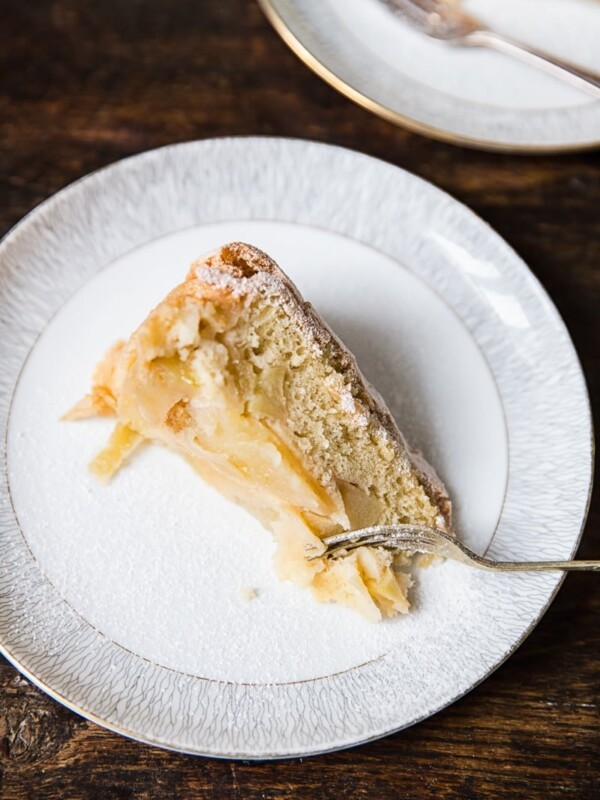 Apple Cake Sharlotka slice on white plate