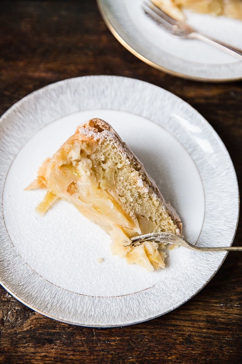 Apple Cake Sharlotka slice on white plate