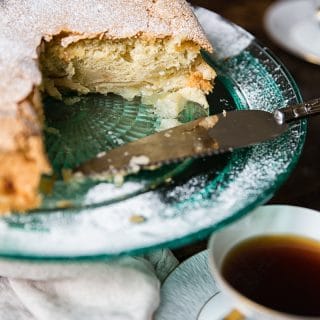 side shot Apple Cake Sharlotka with piece cut out