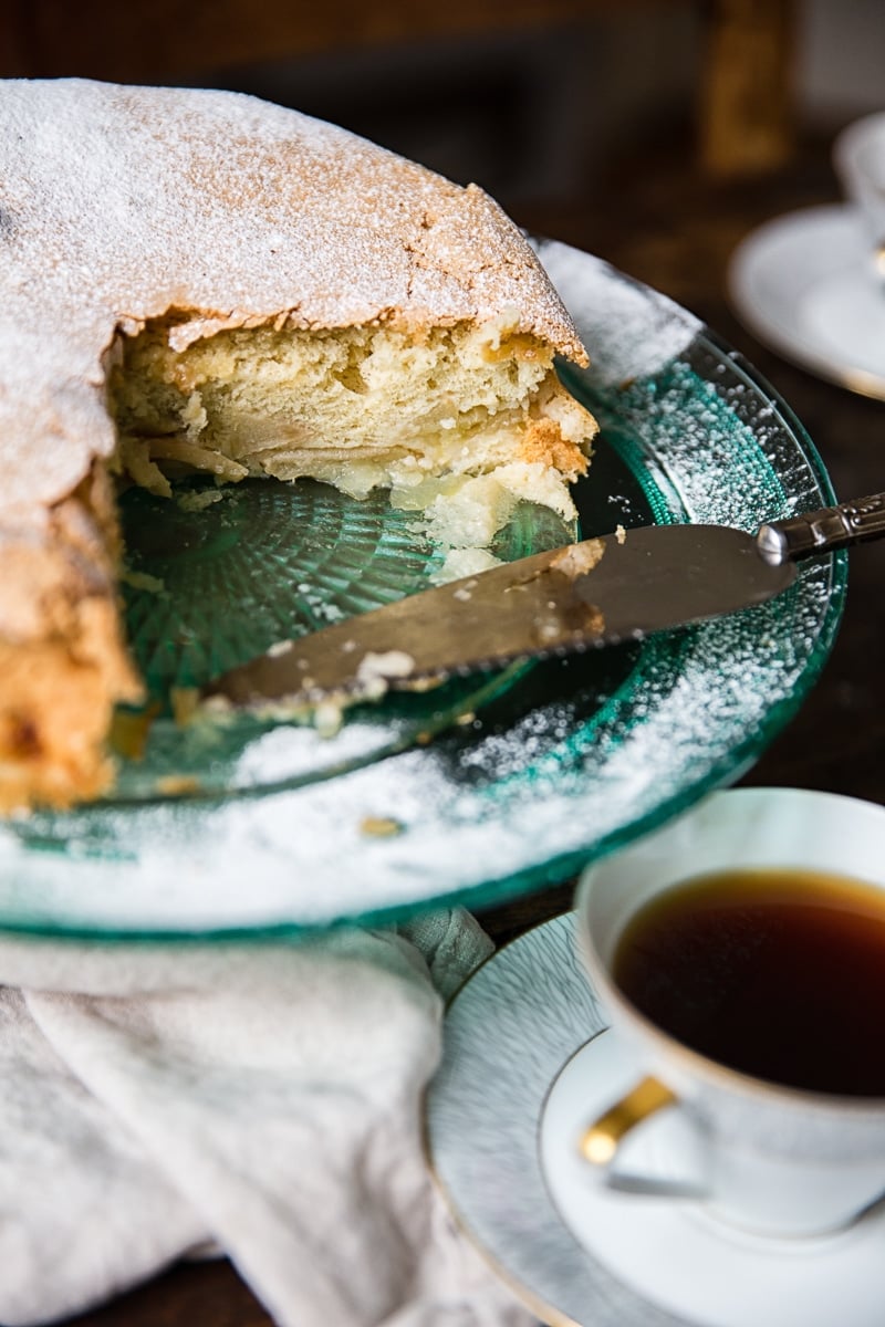 side shot Apple Cake Sharlotka with piece cut out