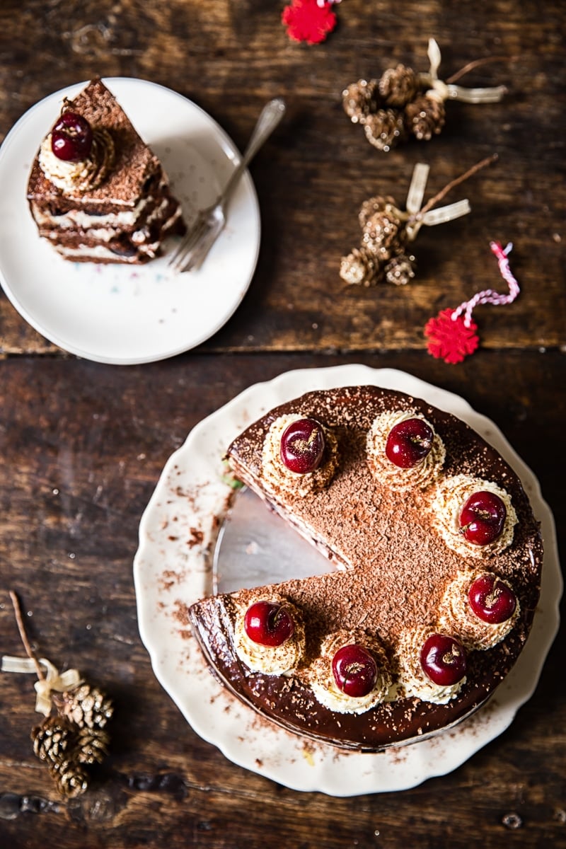 overhead view of chocolate cake with a slice cut out