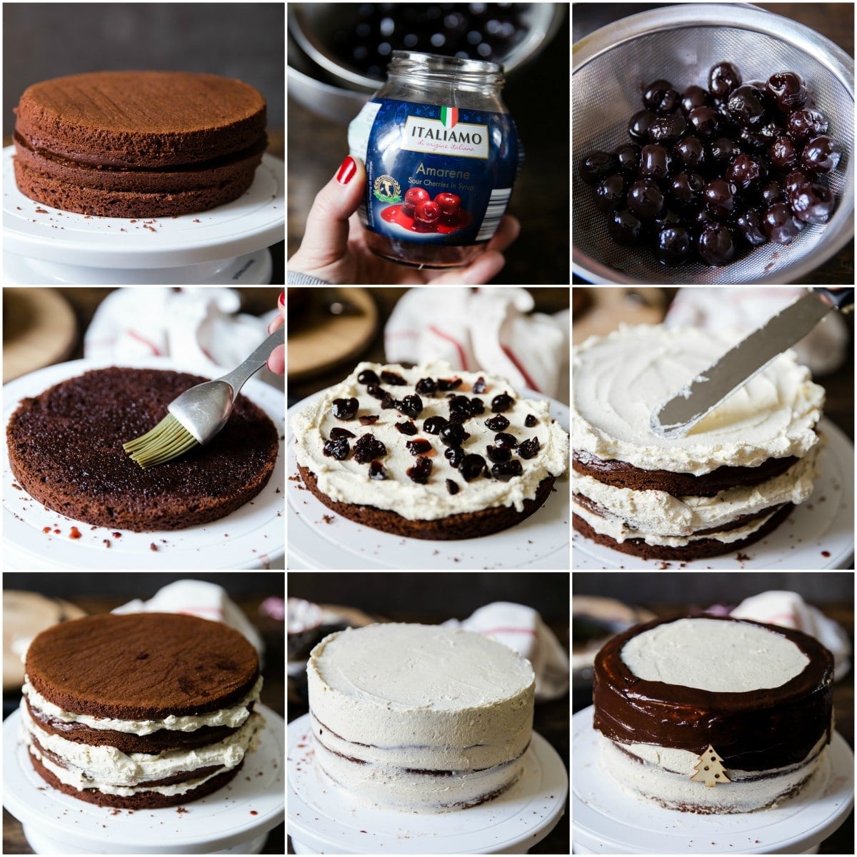 collage of 9 process images of making black forest cake