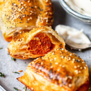 Close up of chorizo rolls with one opened up