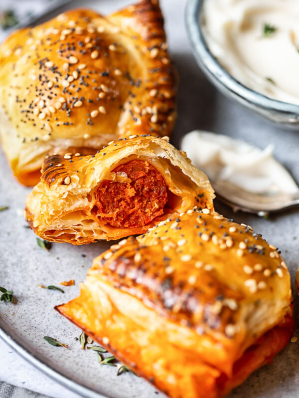 Close up of chorizo rolls with one opened up