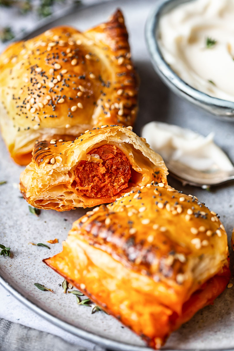 Close up of chorizo rolls with one opened up