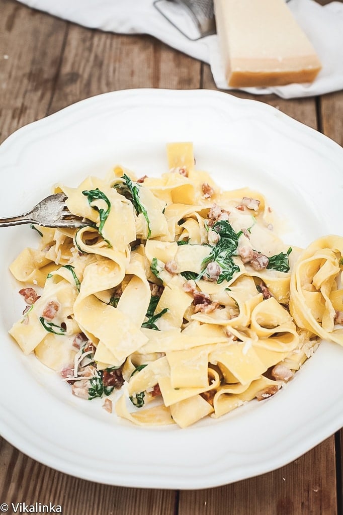 top down of carbonara on white plate