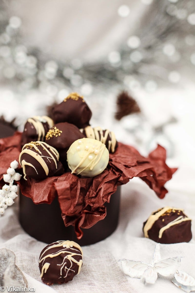 close up of baileys truffles in brown pot