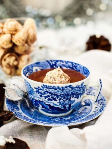 side shot of Italian Hot Chocolate with Floating Meringue Kiss
