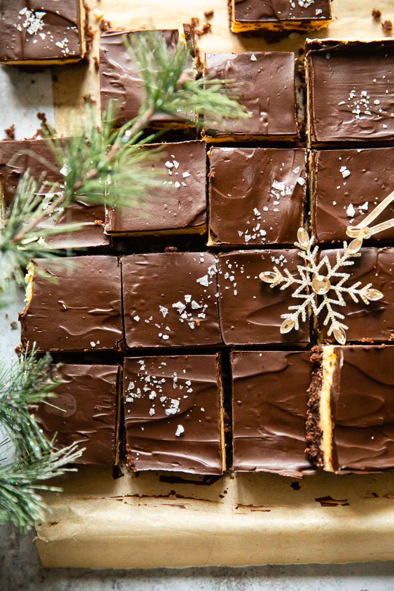 top down view of chocolate covered bars sprinkled with flaked salt