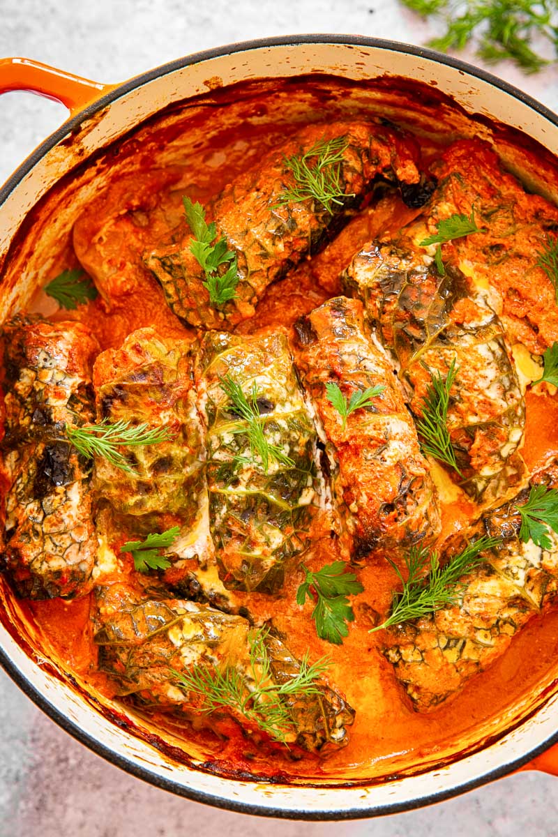 cabbage rolls in creamy tomato sauce in orange pot