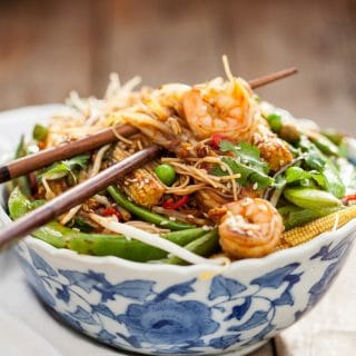 Shrimp Stir Fry in white and blue bowl.