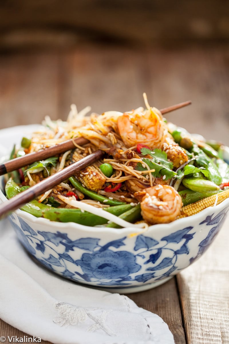 Shrimp Stir Fry in white and blue bowl.