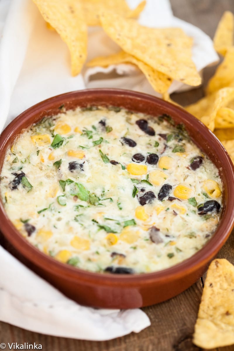 cheesy smoked cheddar southwest dip with black beans and corn