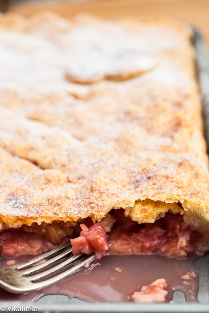 Close up of rhubarb slab pie cross section