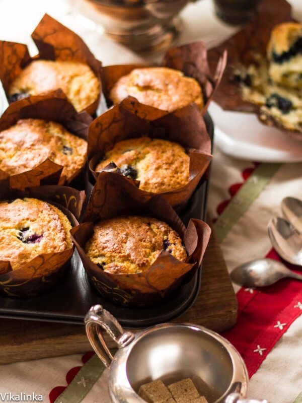 blueberry muffins in brown paper liners