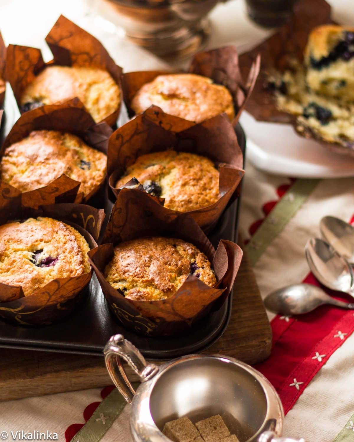 blueberry muffins in brown paper liners