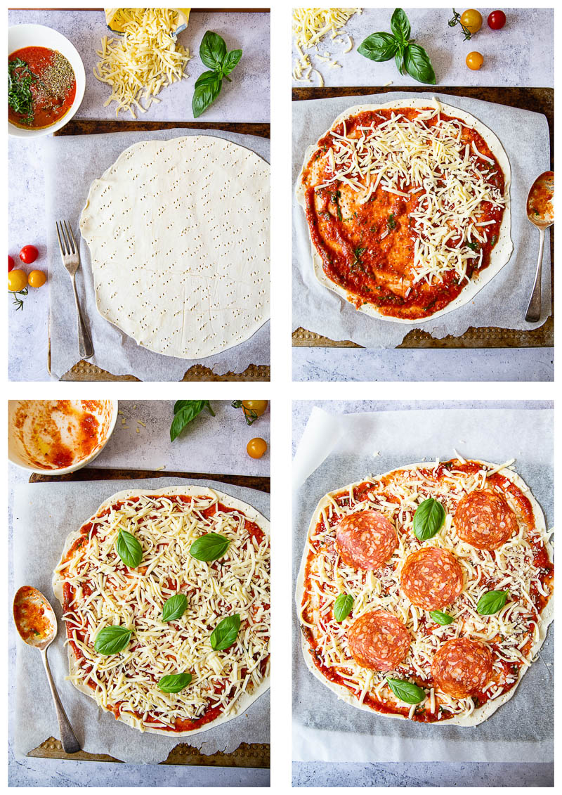 Process shot of topping being put onto pizza dough