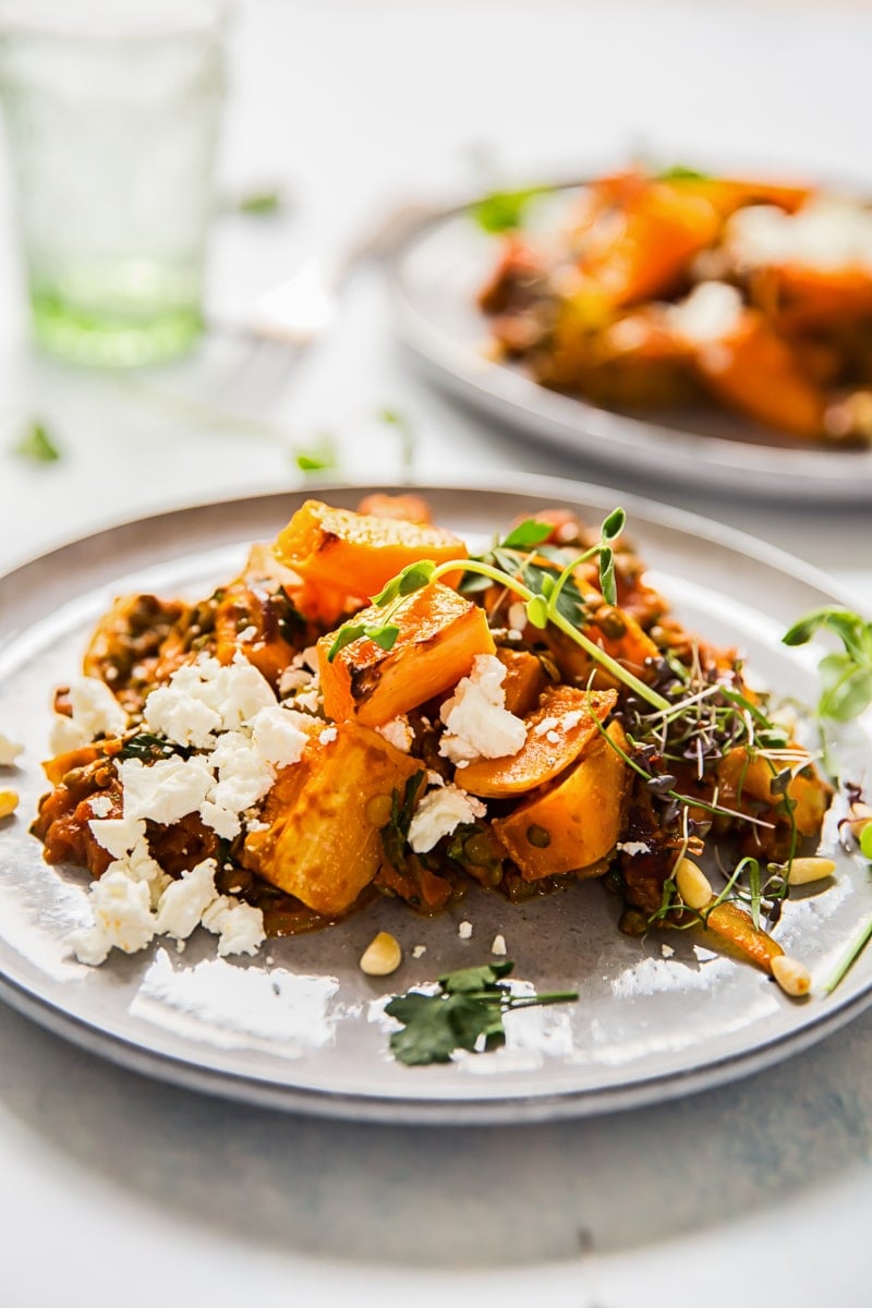 Roasted Butternut Squash with Spiced Lentils, Feta and Pine Nuts