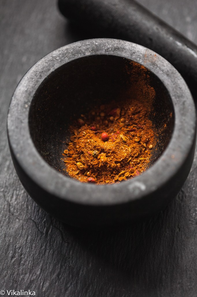 Mortar and pestle with Moroccan spices