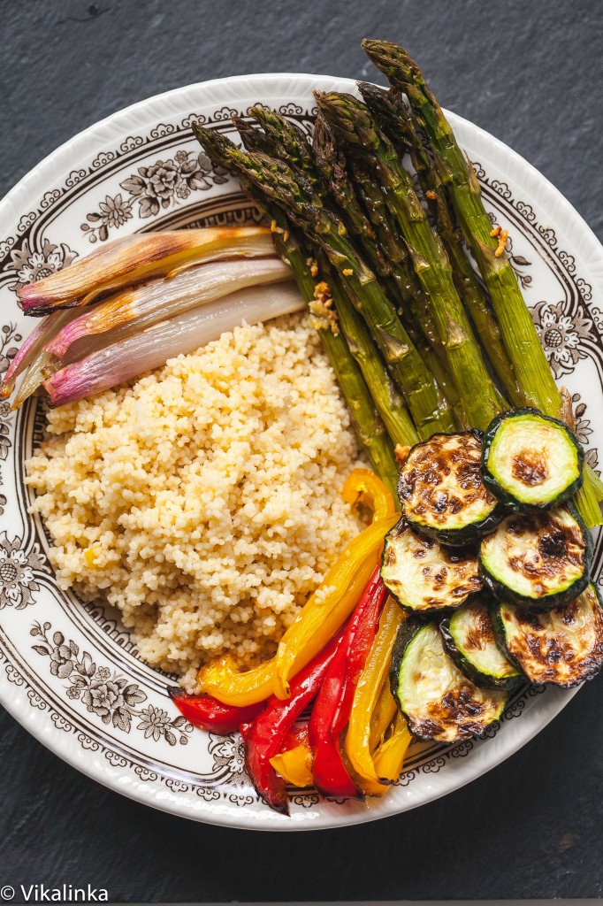 Top down view of the couscous bowl before dressing