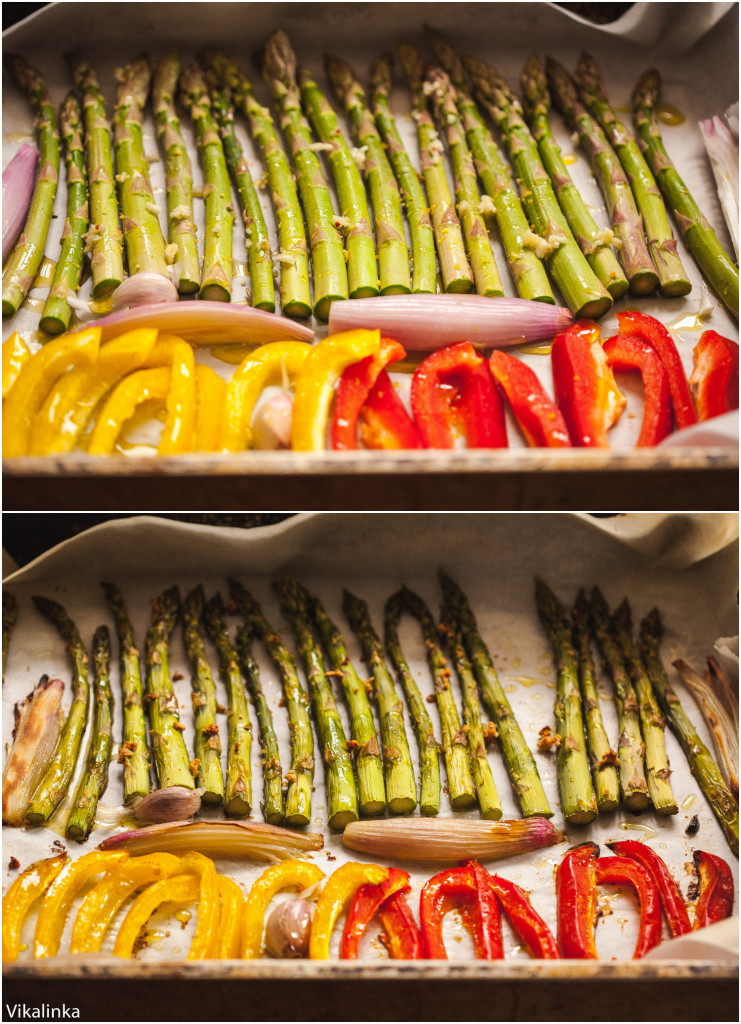 Two process shots with asparagus, shallots and peppers in a roasting pan