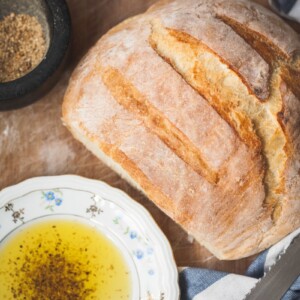 Top down view of bread and dip