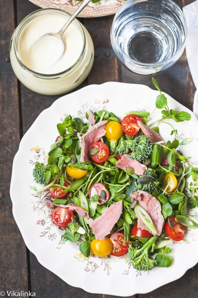 Watercress and Roast Beef Salad with Horseradish Dressing from the top down