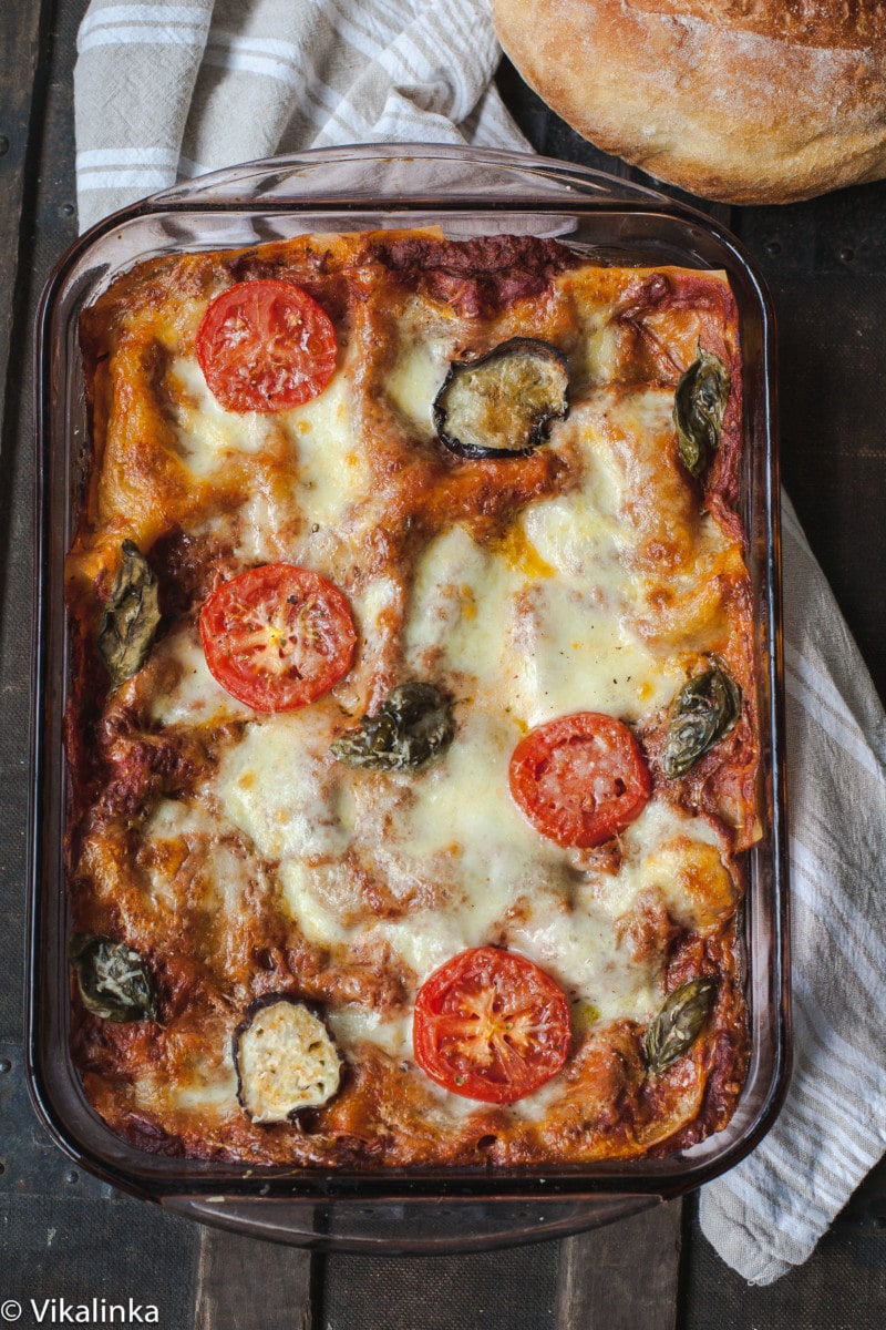 top down view of lasagna in a pan