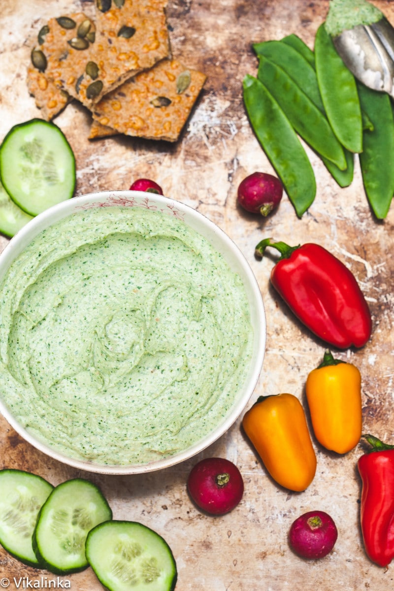 Top down view of cilantro walnut dip in a bowl