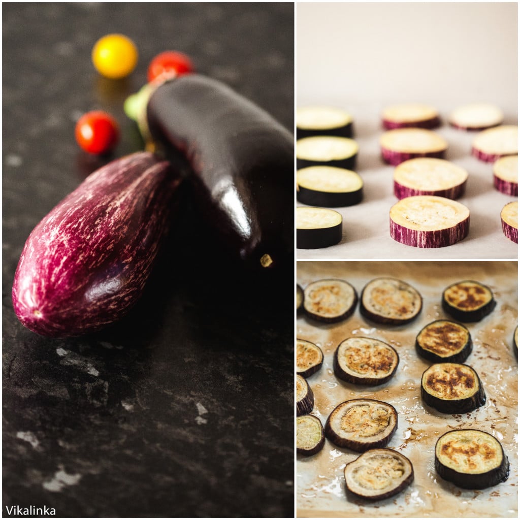 Process shots showing preparation of the eggplant